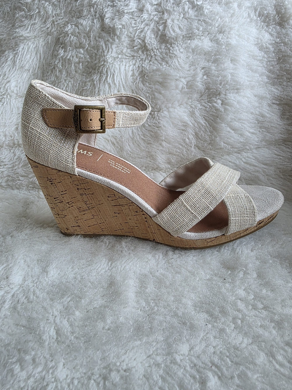 Toms Natural Linen Wedge Sandals with Cork Heel